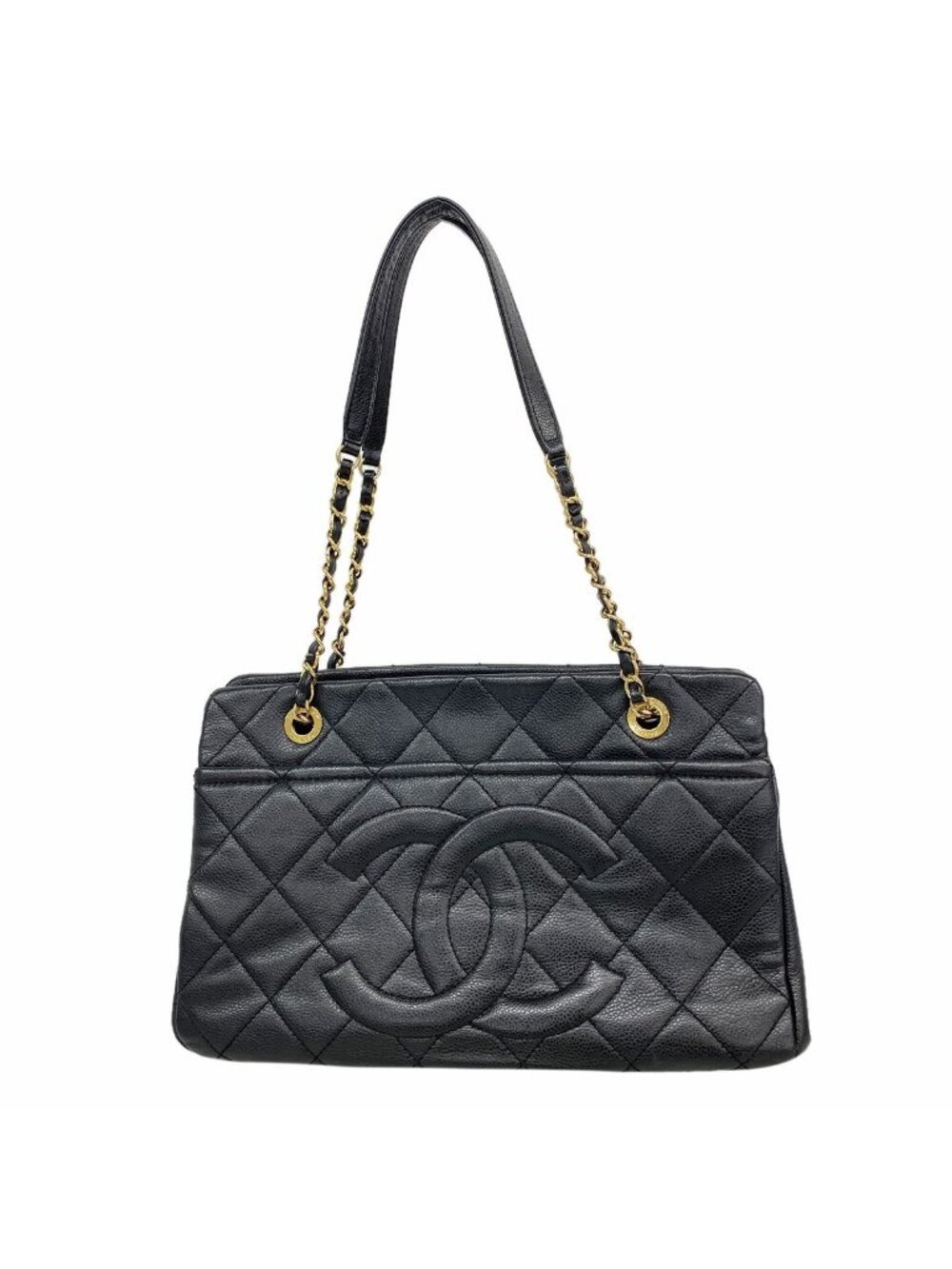 Chanel Chain Tote Bag Quilted Caviar Leather Black Gold
